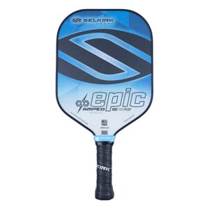 Front view of a blue and black pickleball paddle with SELKIRK SPORT, EPIC, and FIBERFLEX branding.