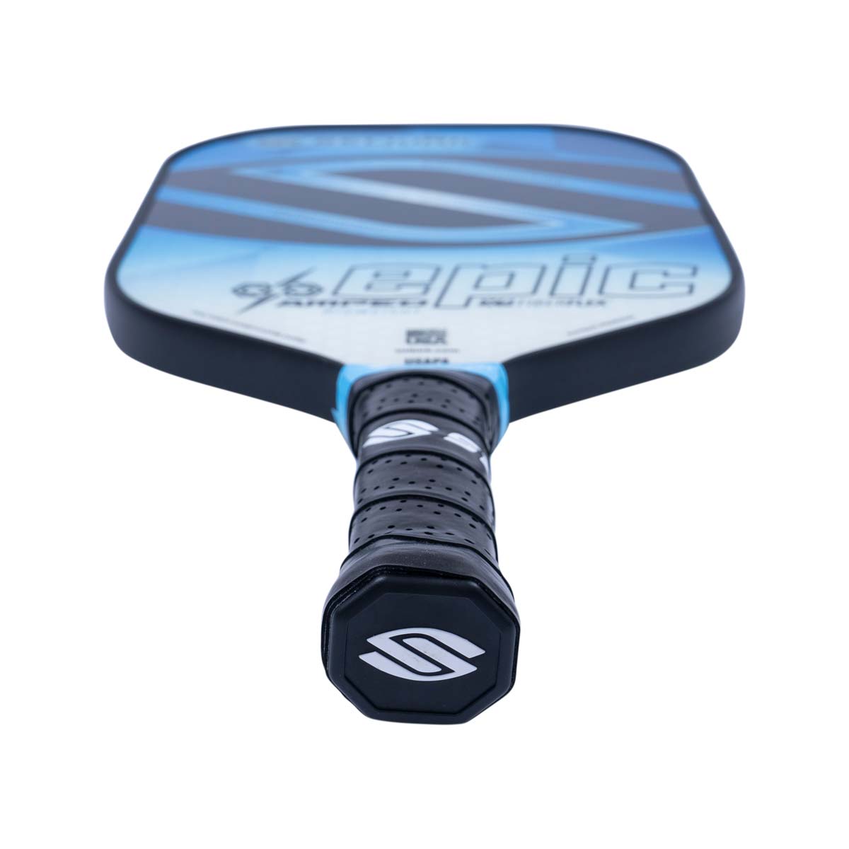 Top-down view of a blue and white pickleball paddle with EPIC text and a black grip.