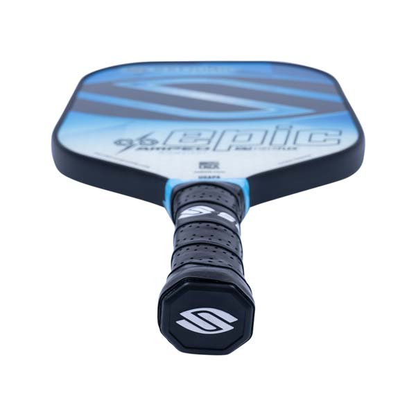 Top-down view of a blue and white pickleball paddle with EPIC text and a black grip.