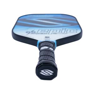 Top-down view of a blue and white pickleball paddle with EPIC text and a black grip.
