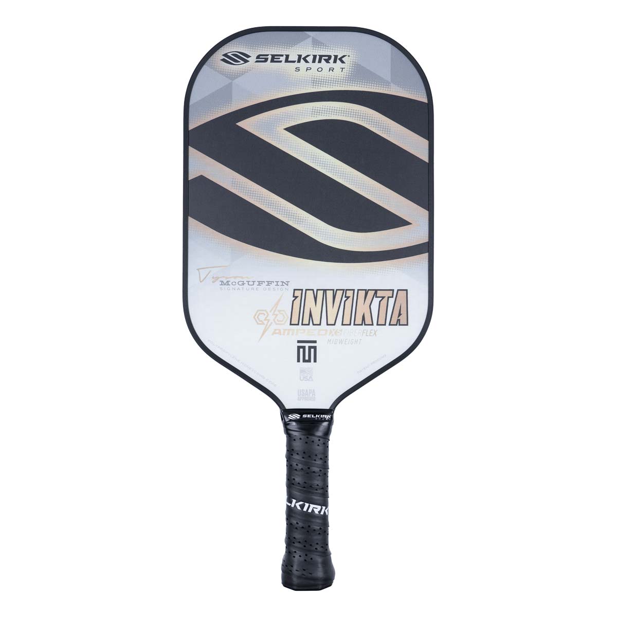 Front view of a white pickleball paddle with a black S logo, INV IKTA text, and a black grip.