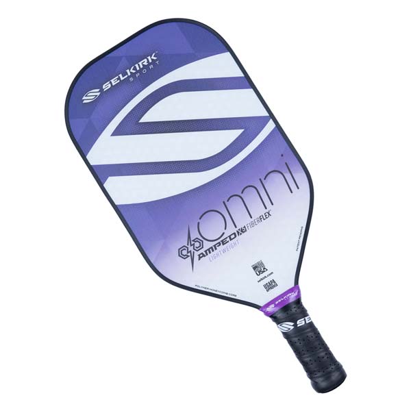 Top-down view of a purple and white pickleball paddle with Selkirk Sport and Omni branding.