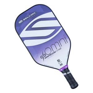 Top-down view of a purple and white pickleball paddle with Selkirk Sport and Omni branding.