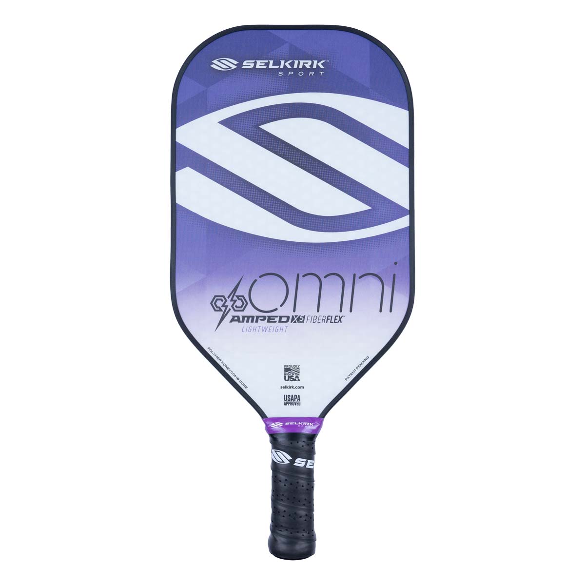 Front view of a purple and white pickleball paddle with OMNI and AMPED XF FIBERFLEX text.