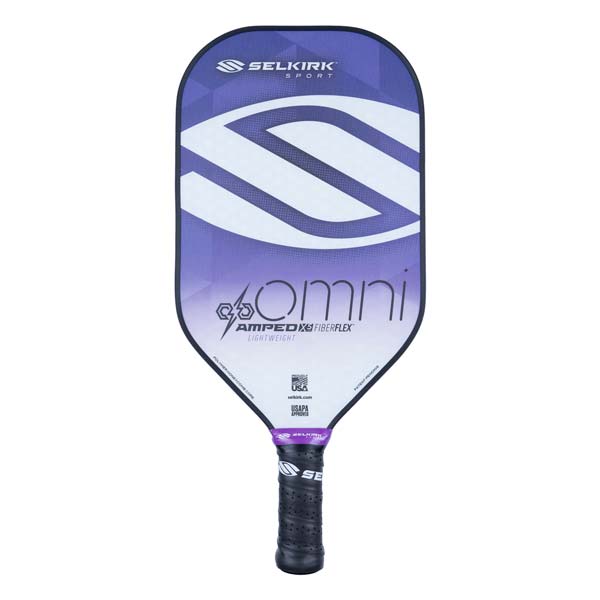 Front view of a purple and white pickleball paddle with OMNI and AMPED XF FIBERFLEX text.