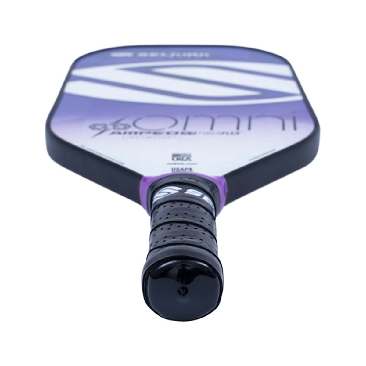Top-down view of a white and purple pickleball paddle with 96 Omni text and a black grip.