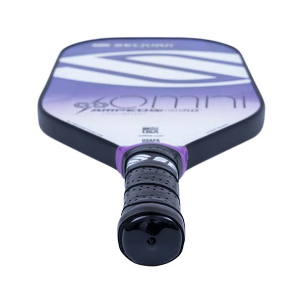 Top-down view of a white and purple pickleball paddle with 96 Omni text and a black grip.