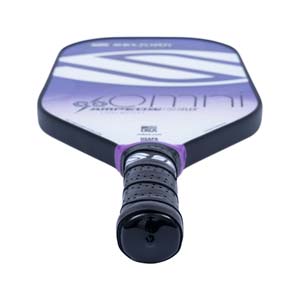 Top-down view of a white and purple pickleball paddle with 96 Omni text and a black grip.