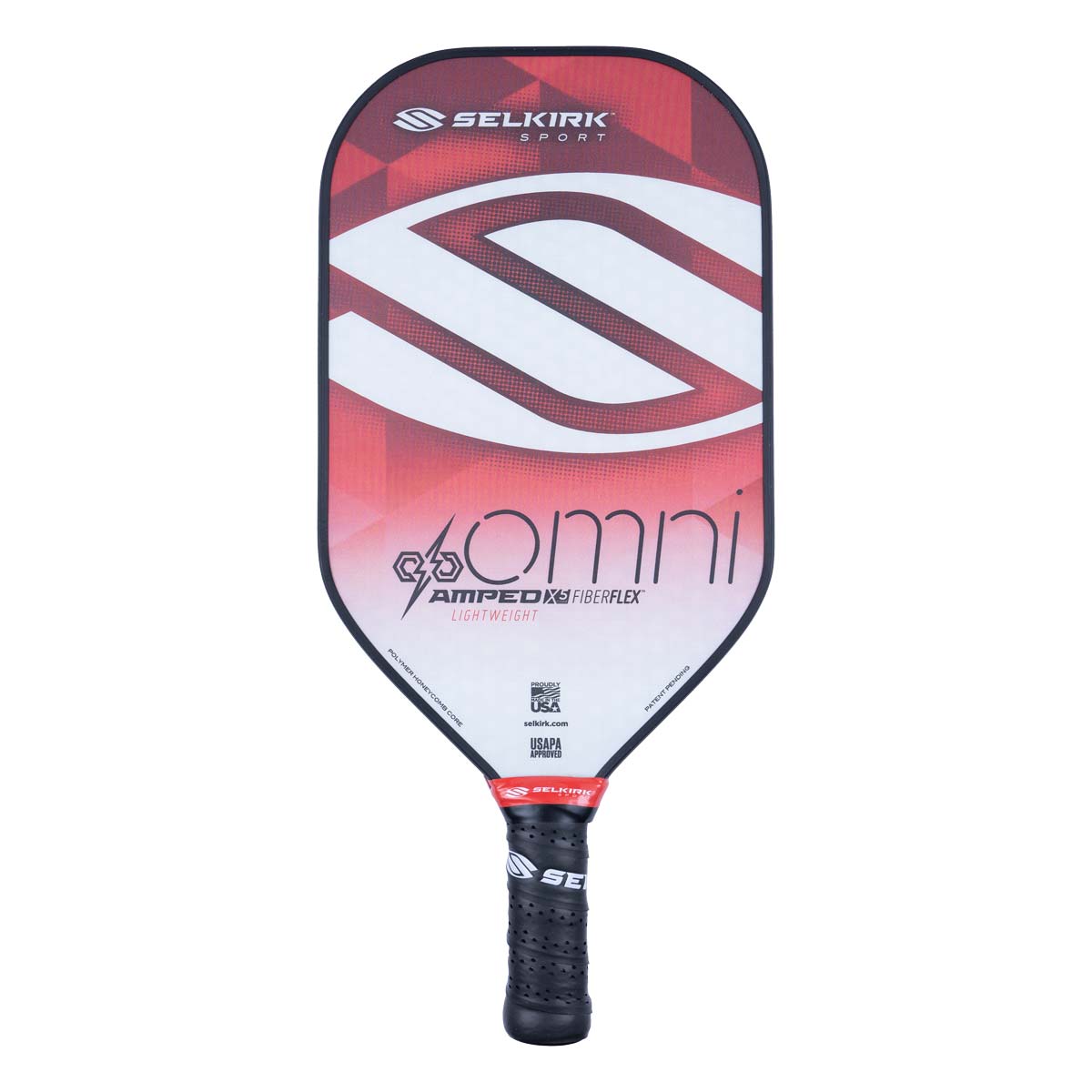 Front view of a red and white pickleball paddle with OMNI and AMPED X FIBERFLEX text.