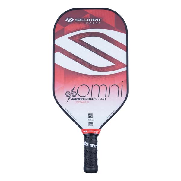 Front view of a red and white pickleball paddle with OMNI and AMPED X FIBERFLEX text.