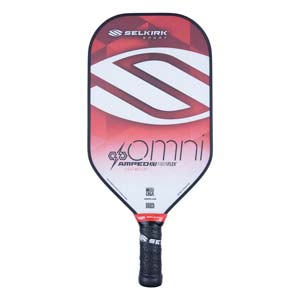 Front view of a red and white pickleball paddle with OMNI and AMPED X FIBERFLEX text.