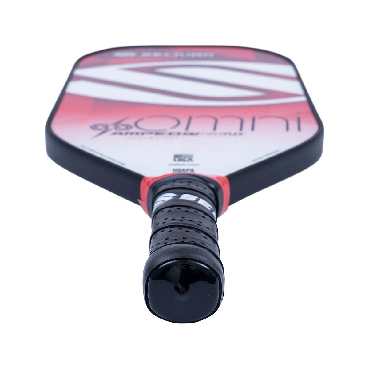 Top-down view of a white and red pickleball paddle with 96 Omni and USAPA visible.