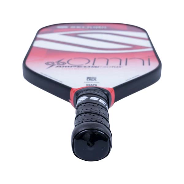 Top-down view of a white and red pickleball paddle with 96 Omni and USAPA visible.