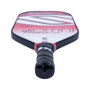 Top-down view of a white and red pickleball paddle with 96 Omni and USAPA visible.