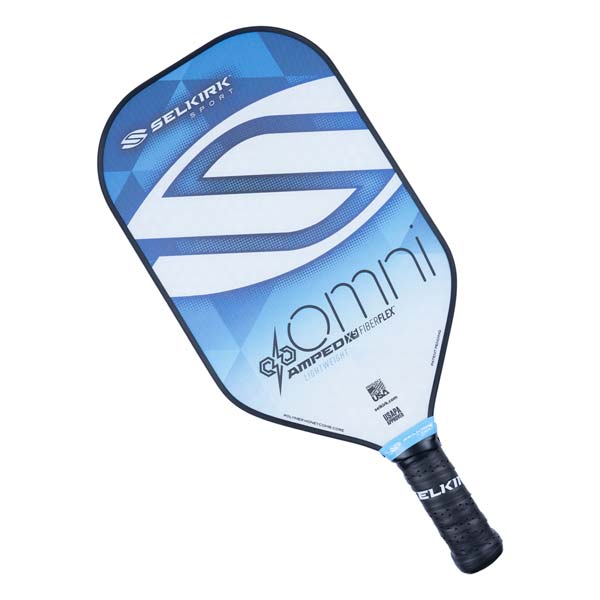 Top-down view of a blue and white Selkirk Sport pickleball paddle with OMNI and LIGHTWEIGHT text.