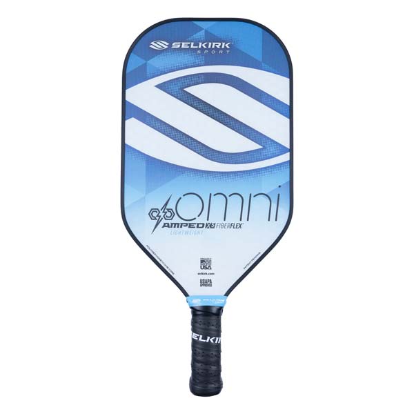 Front view of a blue and white pickleball paddle with Selkirk Sport and Omni branding.