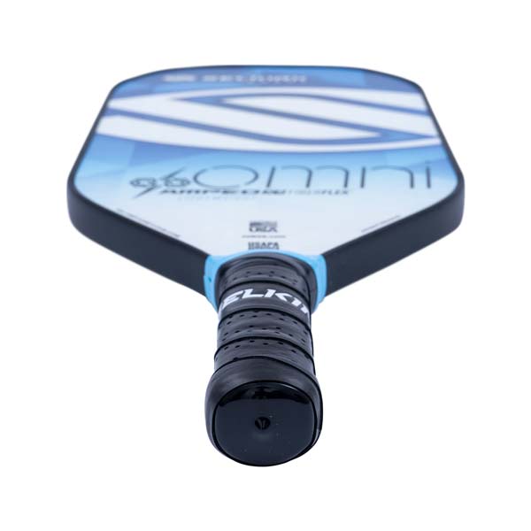 Top-down view of a white pickleball paddle with blue accents, 96 Omni text, and a black grip.