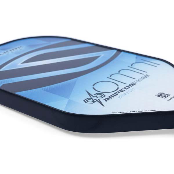 Corner view of a blue pickleball paddle with Omni and Amped Fiberflex text.