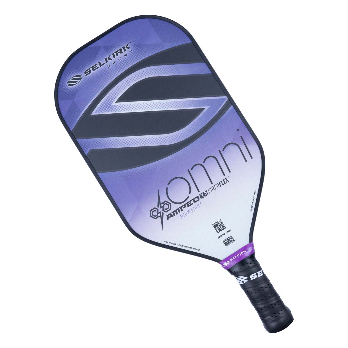 Top-down view of a purple and white pickleball paddle with Selkirk Sport and Omni branding.