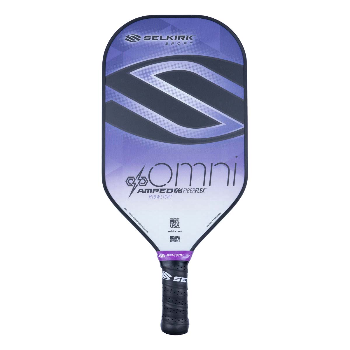 Front view of a purple and black pickleball paddle with a large S logo and OMNI text.