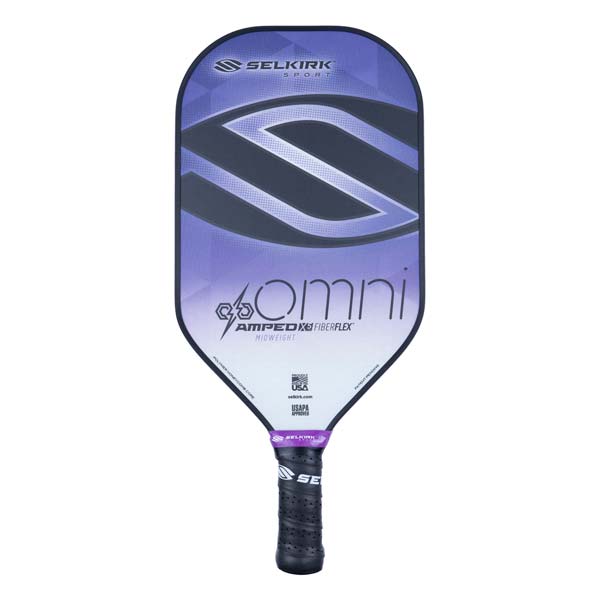 Front view of a purple and black pickleball paddle with a large S logo and OMNI text.