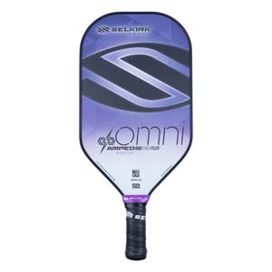 Front view of a purple and black pickleball paddle with a large S logo and OMNI text.