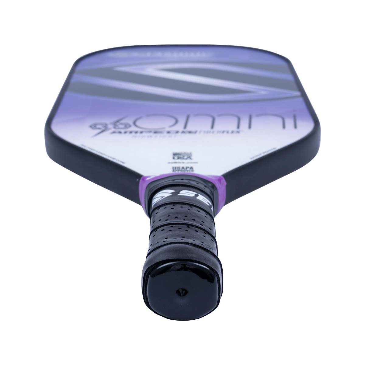 Top-down view of a purple and white pickleball paddle with 96 Omni text and a black grip.