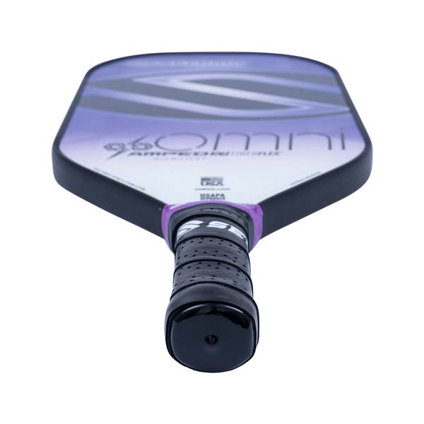 Top-down view of a purple and white pickleball paddle with 96 Omni text and a black grip.