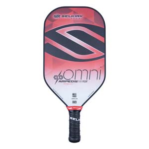 Front view of a red and black pickleball paddle with OMNI and AMPED text, and a black grip.