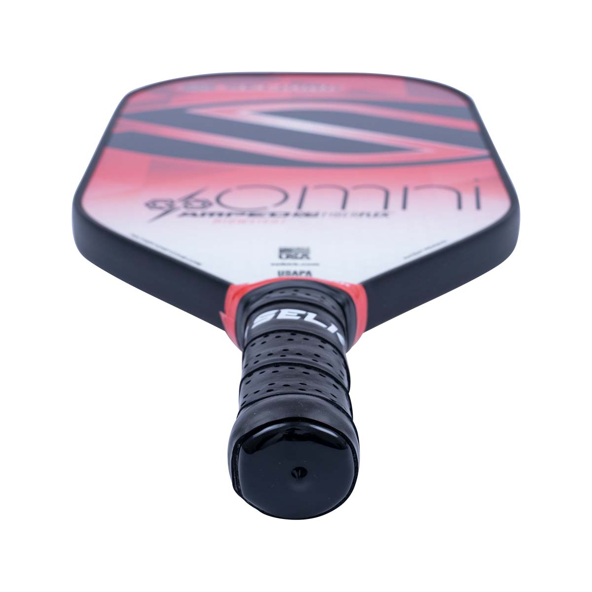 Top-down view of a white and red pickleball paddle with 96 OMNI text and a black grip.