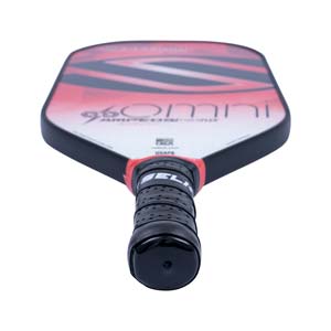 Top-down view of a white and red pickleball paddle with 96 OMNI text and a black grip.