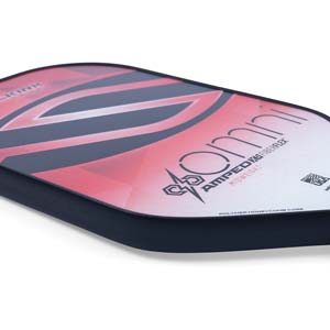 Corner view of a red and black pickleball paddle with OMNI and AMPED X FIBERFLEX text.