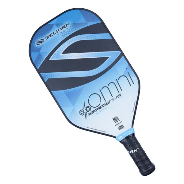 Top-down view of a blue and black pickleball paddle with Selkirk Sport and Omni branding.