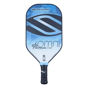 Front view of a blue and black pickleball paddle with Selkirk Sport and Omni branding.