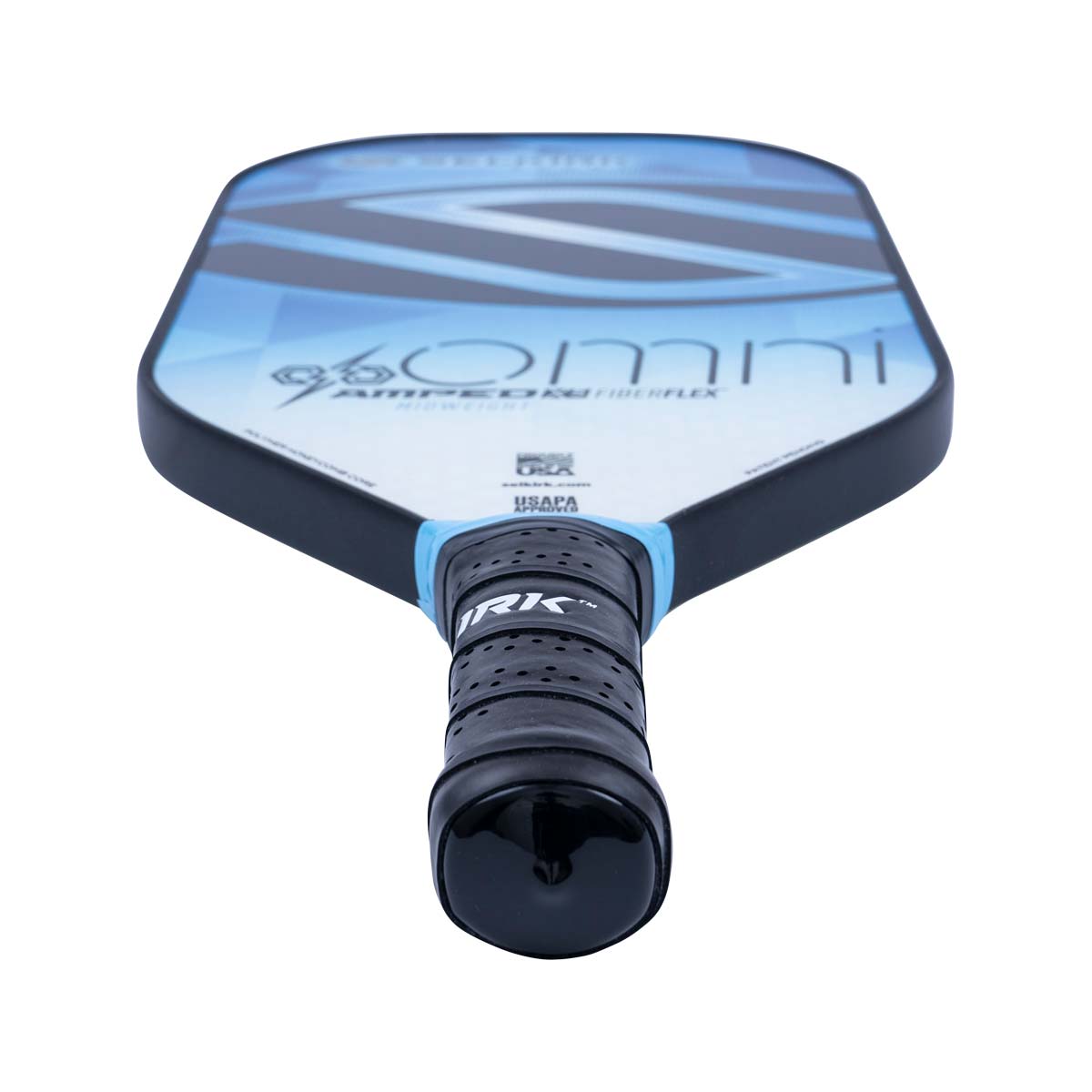 Top-down view of a blue and white pickleball paddle with 96 Omni and USAPA visible.