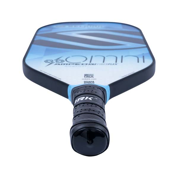 Top-down view of a blue and white pickleball paddle with 96 Omni and USAPA visible.