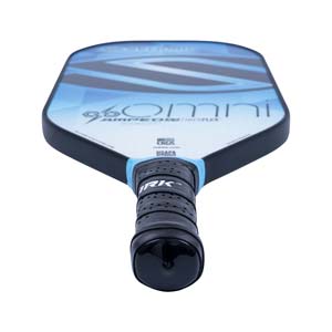 Top-down view of a blue and white pickleball paddle with 96 Omni and USAPA visible.