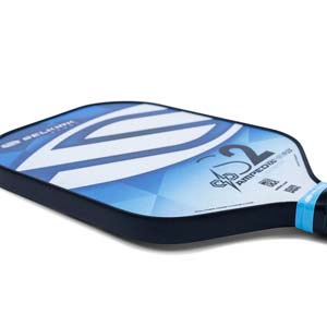 Side view of a blue and white Selkirk Amped S2 pickleball paddle with geometric design and POLYMER HONEYCOMB CORE text.
