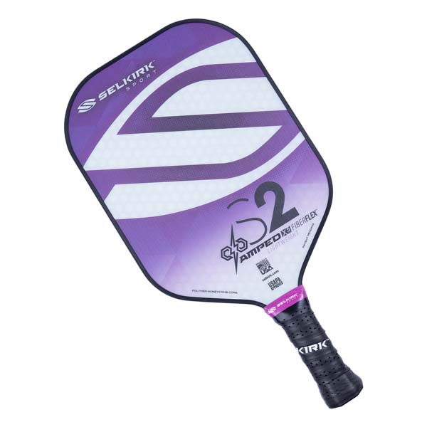 Top-down view of a purple and white Selkirk S2 pickleball paddle with AMPED and FIBERFLEX text.