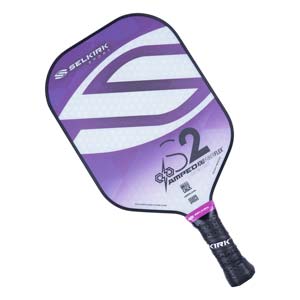 Top-down view of a purple and white Selkirk S2 pickleball paddle with AMPED and FIBERFLEX text.