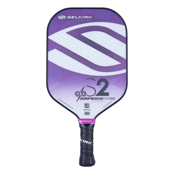 Front view of a purple and white pickleball paddle with S2 AMPED X FIBERFLEX branding and a black grip.