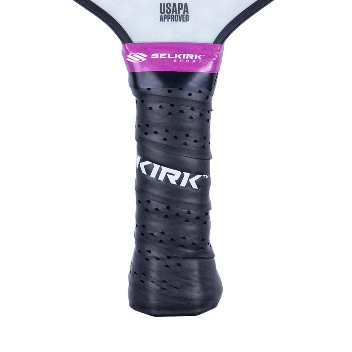 Close-up of a black pickleball paddle grip with KIRK branding and USAPA APPROVED text.