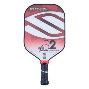 Front view of a red and white Selkirk Amped S2 pickleball paddle with a large S2 graphic and black grip.