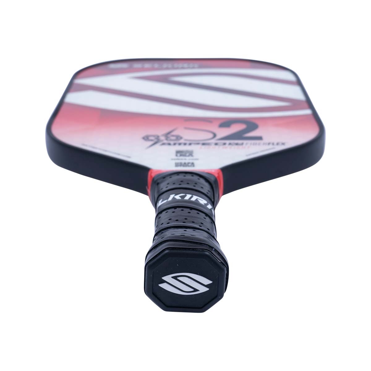 Top-down view of a red and white Selkirk Amped S2 pickleball paddle with a black grip and S logo.