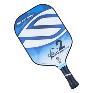 Top-down view of a blue and white Selkirk S2 Lightweight pickleball paddle with a black grip and SELKIRK SPORT logo.