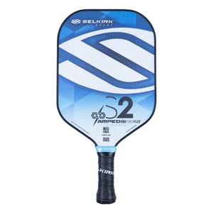 Front view of a blue and white Selkirk Amped S2 pickleball paddle with a large S graphic and black grip.