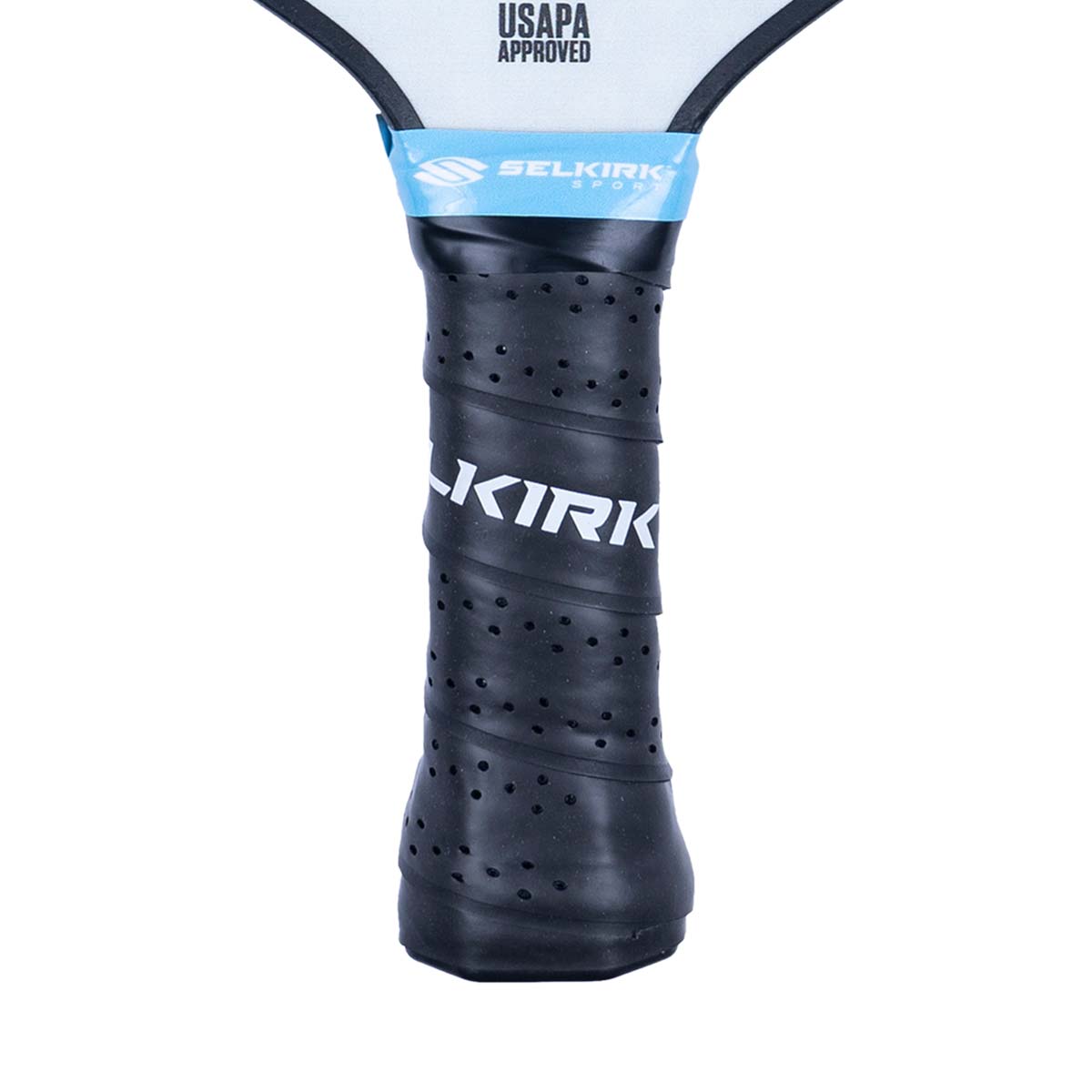 Close-up of a black pickleball paddle grip with KIRK text and perforated texture.