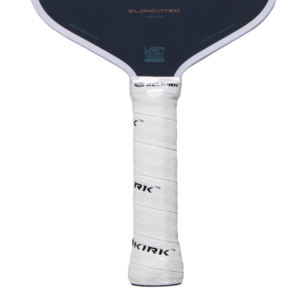 Close-up of a dark gray pickleball paddle with a white textured grip, SELKIRK logo, and ELONGATED text.