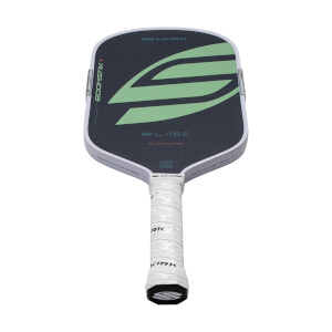 Front view of a dark gray Selkirk Boomstik pickleball paddle with a light green S graphic, white edge, and white wrapped grip.