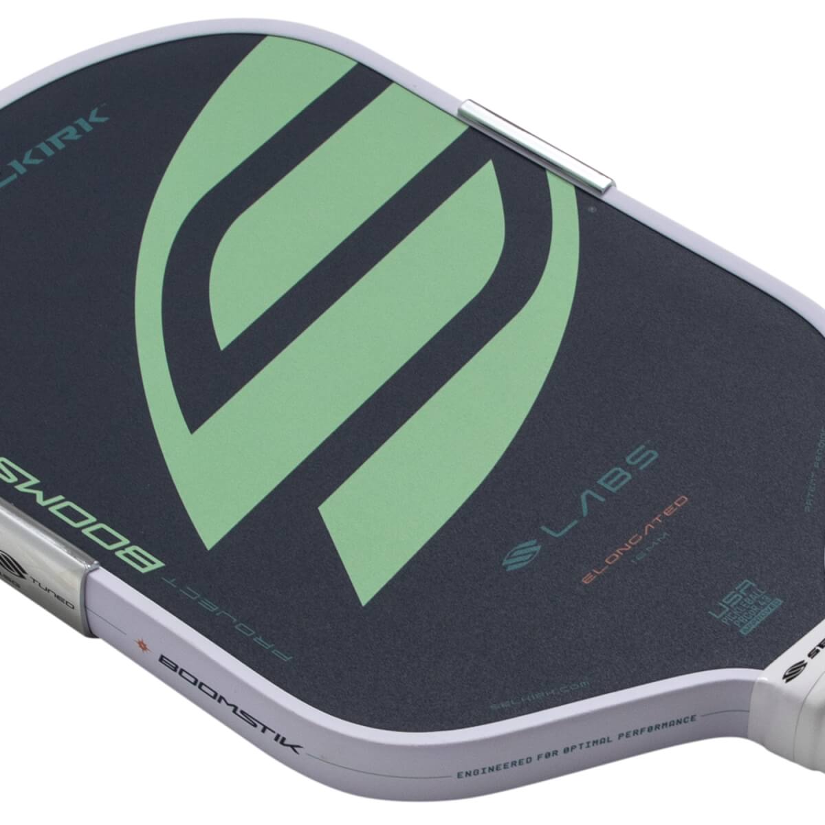 Angled close-up of a dark gray pickleball paddle with a large green graphic, LABS ELONGATED text, and white edge guard.
